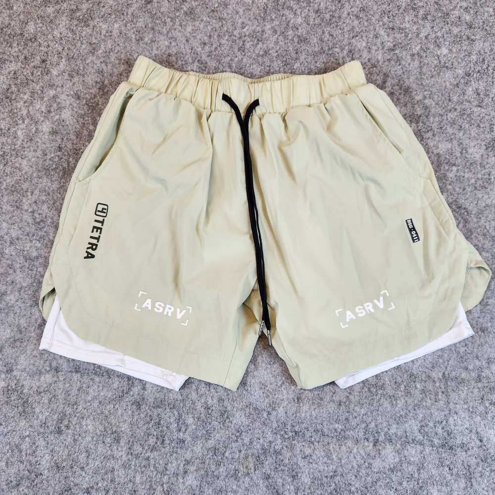 ASRV Tetra DSG 0411 2-in-1 Training Shorts Men L Green Drawstring Workout Pocket